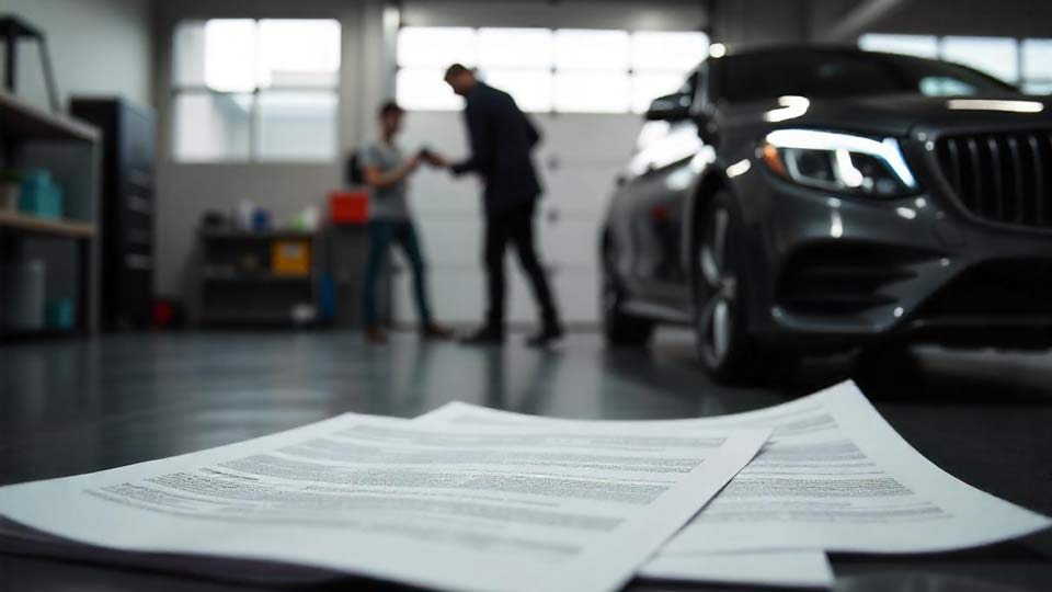 Auto mit Getriebeschaden in einer Werkstatt in Heinsberg; Infografik mit Reparaturkosten und Verkauf.